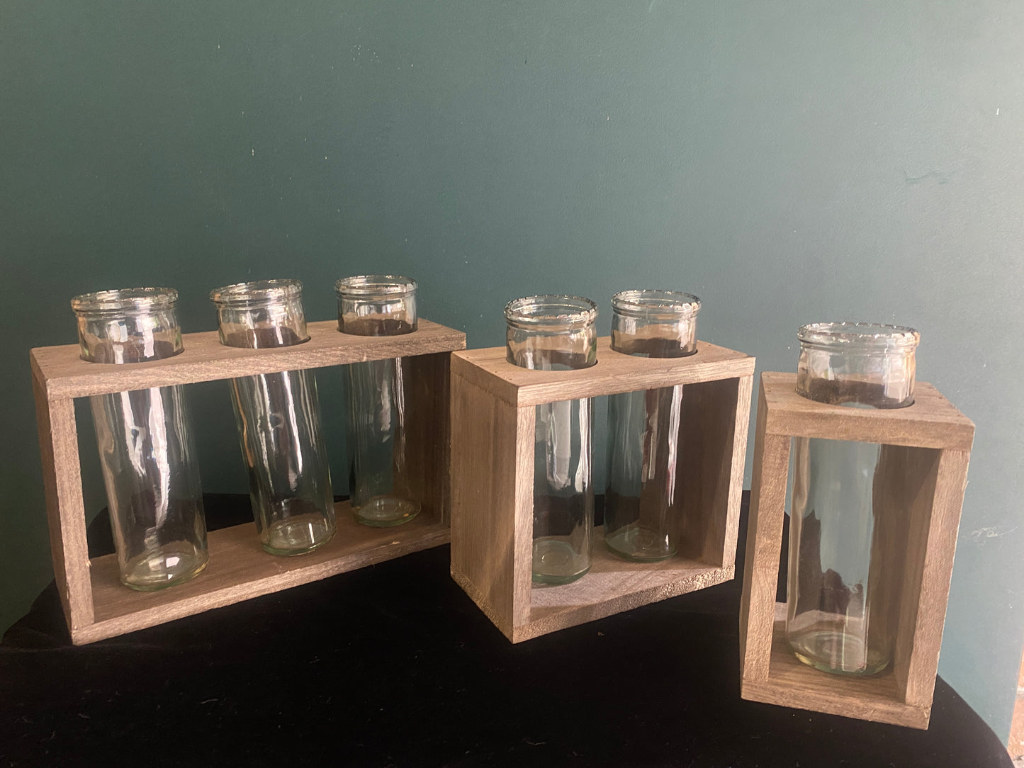 Blooming Bud vases in Single, Double or Triple sizes from Bold Botanicals in a rustic timber and glass design