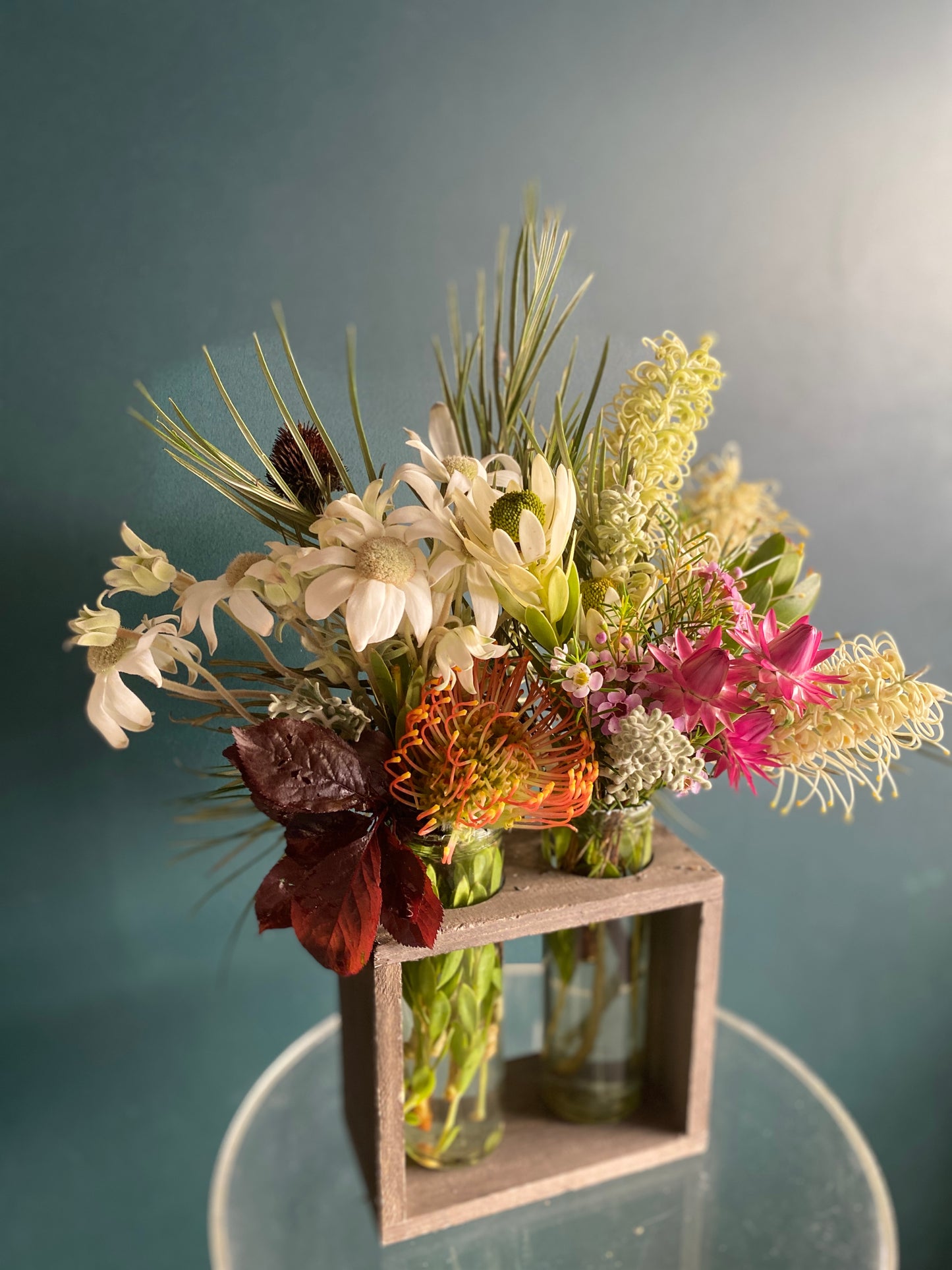 Double stem vase for gifting with seasonal bright colour native flowers by Bold Botanicals