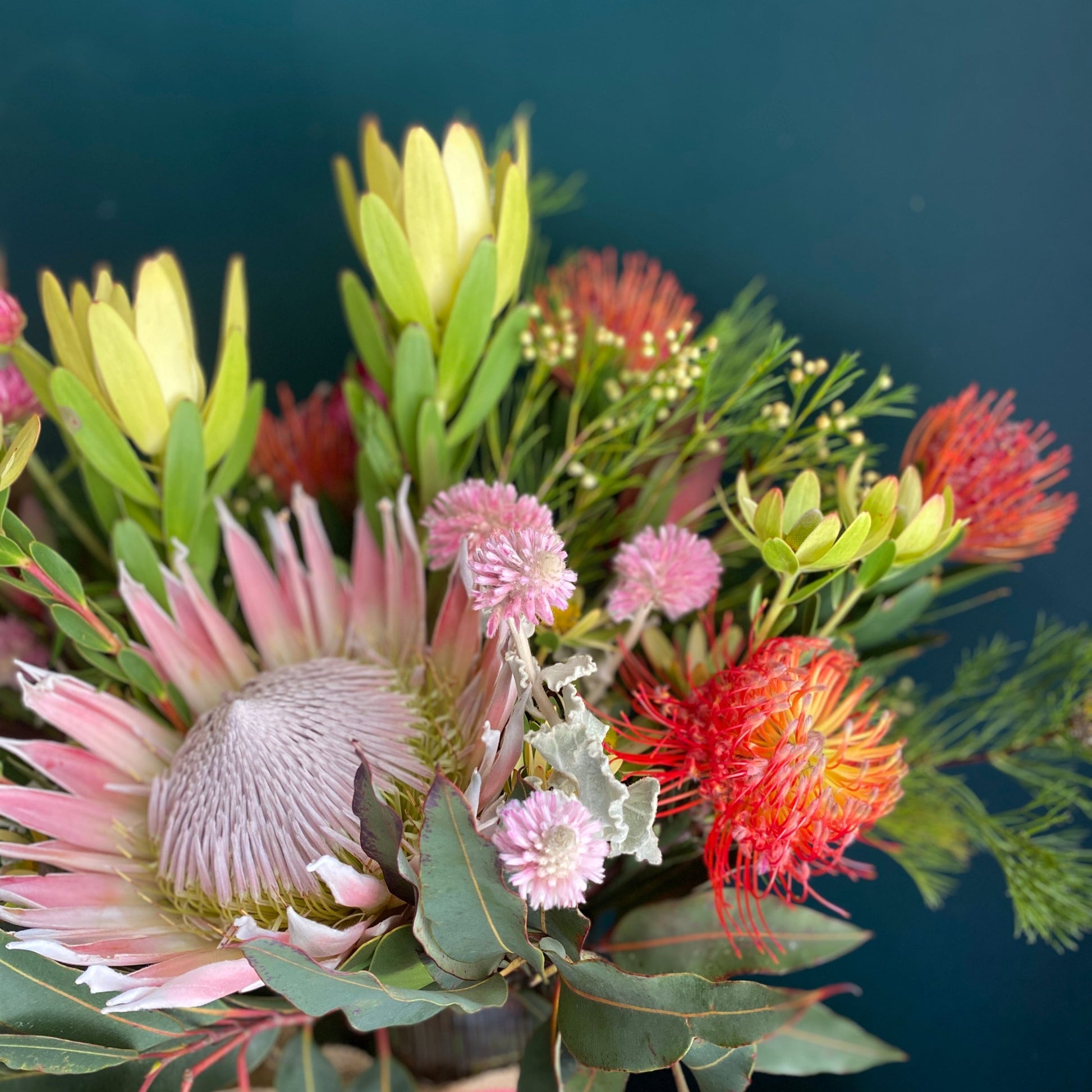 Bright, colourful flower arrangement with a protea as the focal point