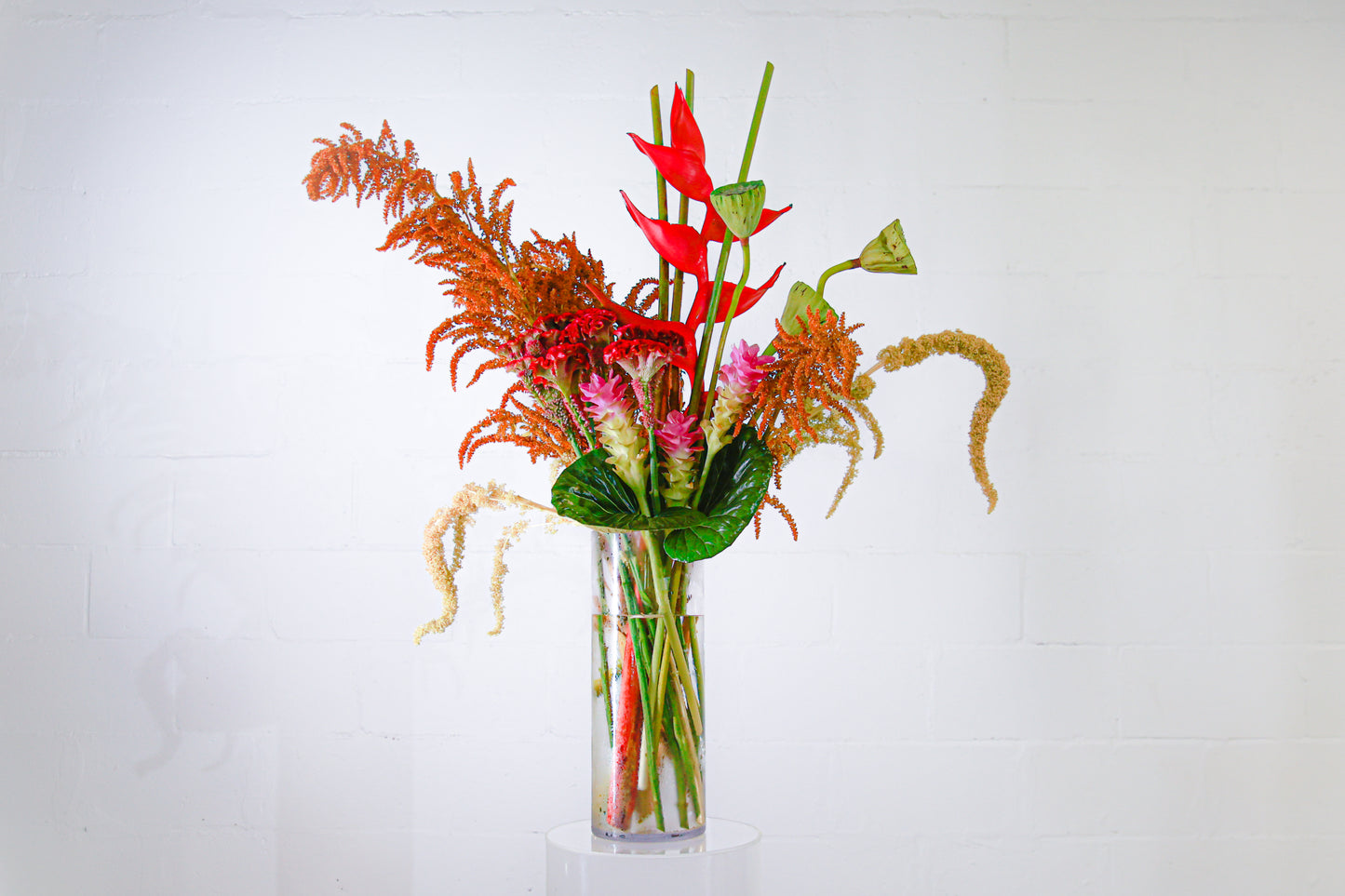 A bright arrangement of red, orange and pink tropical flowers standing upright in a tall, glass vase