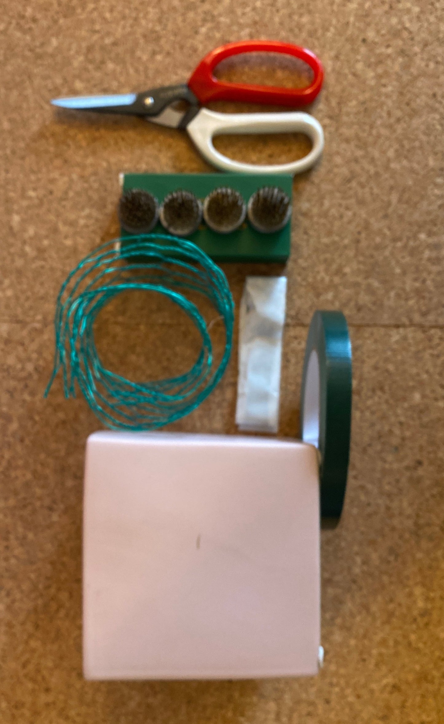 A layout of scissors, tape and twine that make up the Bold Botanicals Eco Floristry Kit