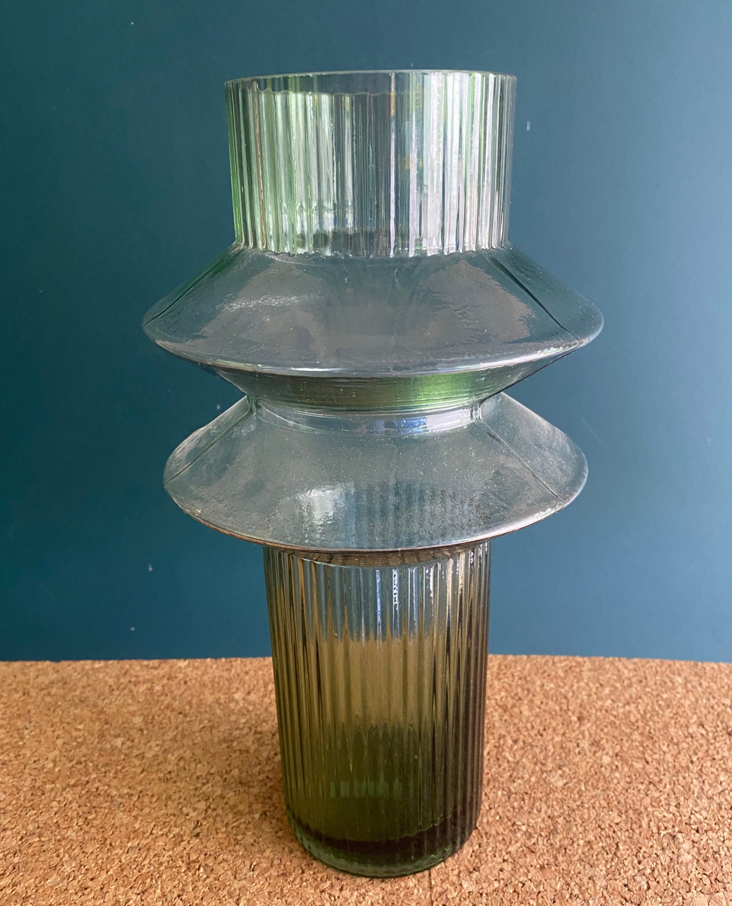 Tall Marmoset Found green glass vase with ribs and art deco shape