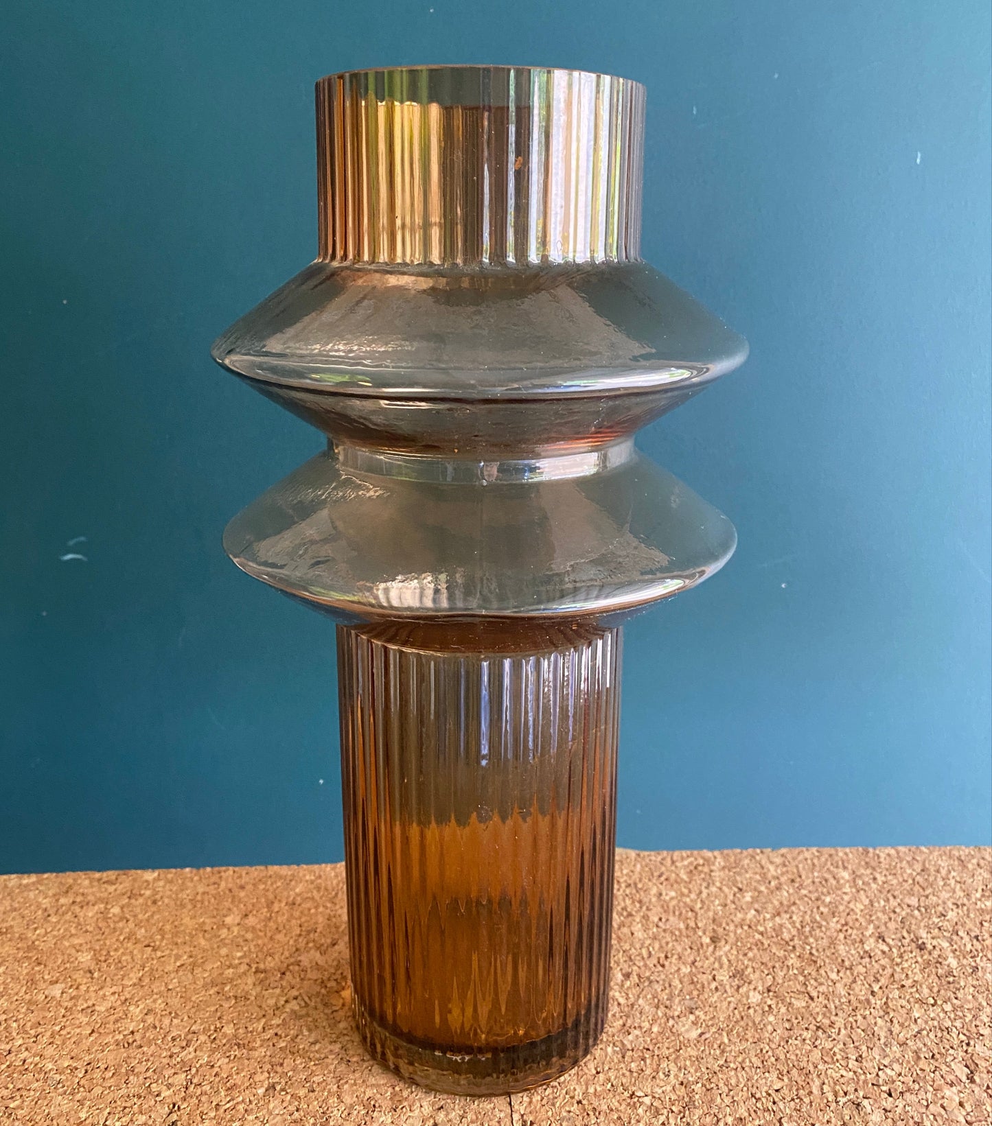Tall Marmoset Found vase in amber ribbed glass, in art deco shape