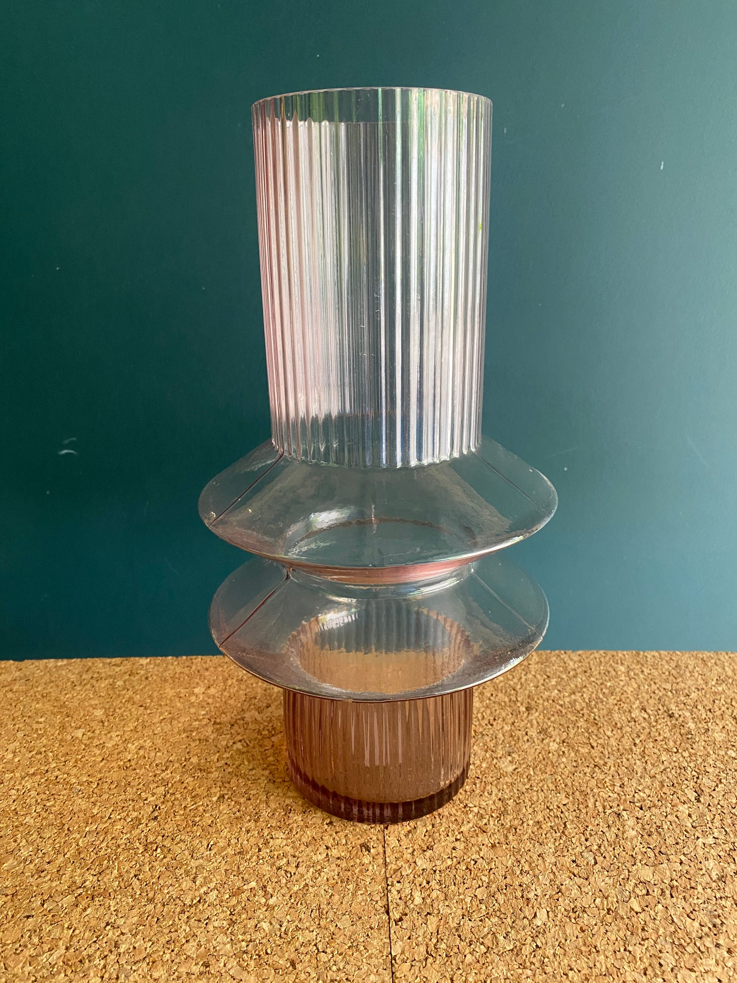 Tall Marmoset Found ribbed vase in stunning art deco shape, and ribbed pink glass