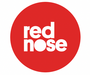Red circle with white words in the middle that read "red nose" for red nose day