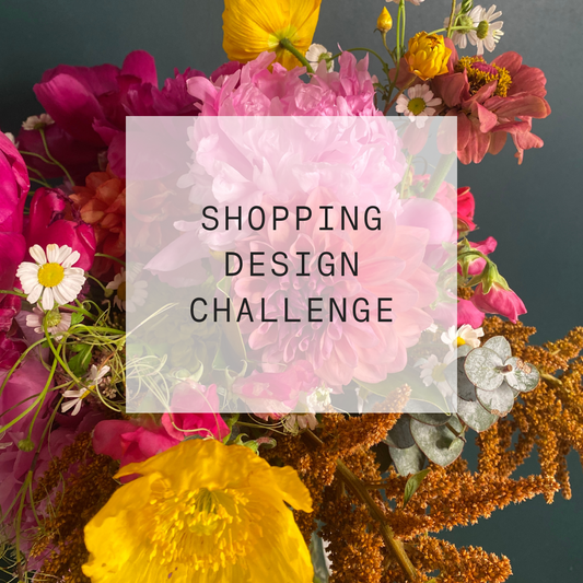 Bright coloured pink and yellow flowers with a text box saying "shopping design challenge"