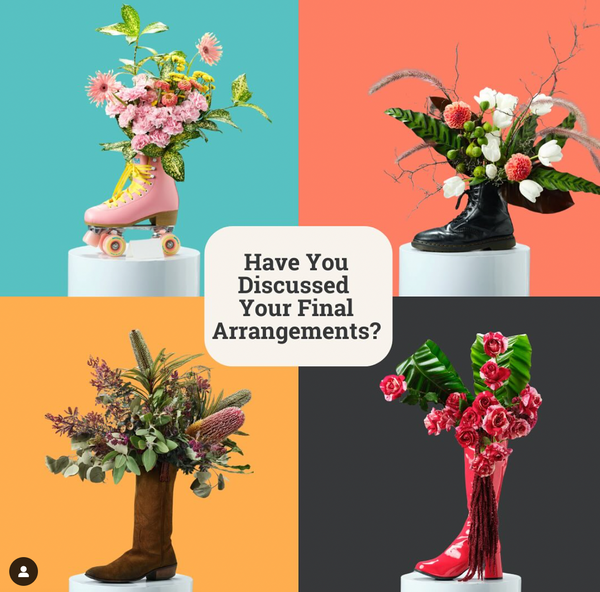 Four separate, colourful floral arrangements in four different kinds of footwear for the Dying to Know Day event