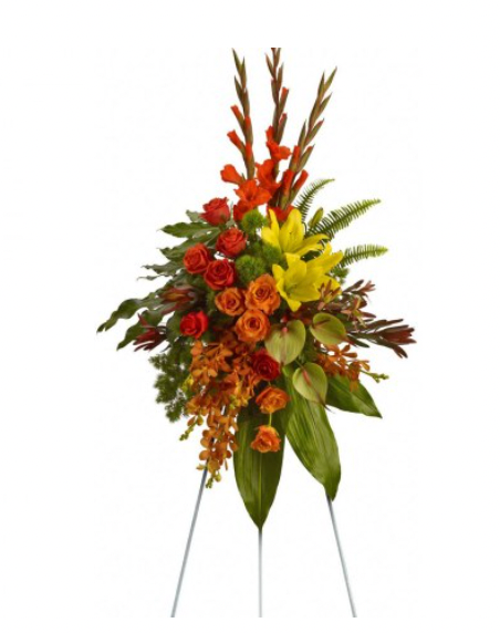 An arrangement of red, orange and yellow flowers