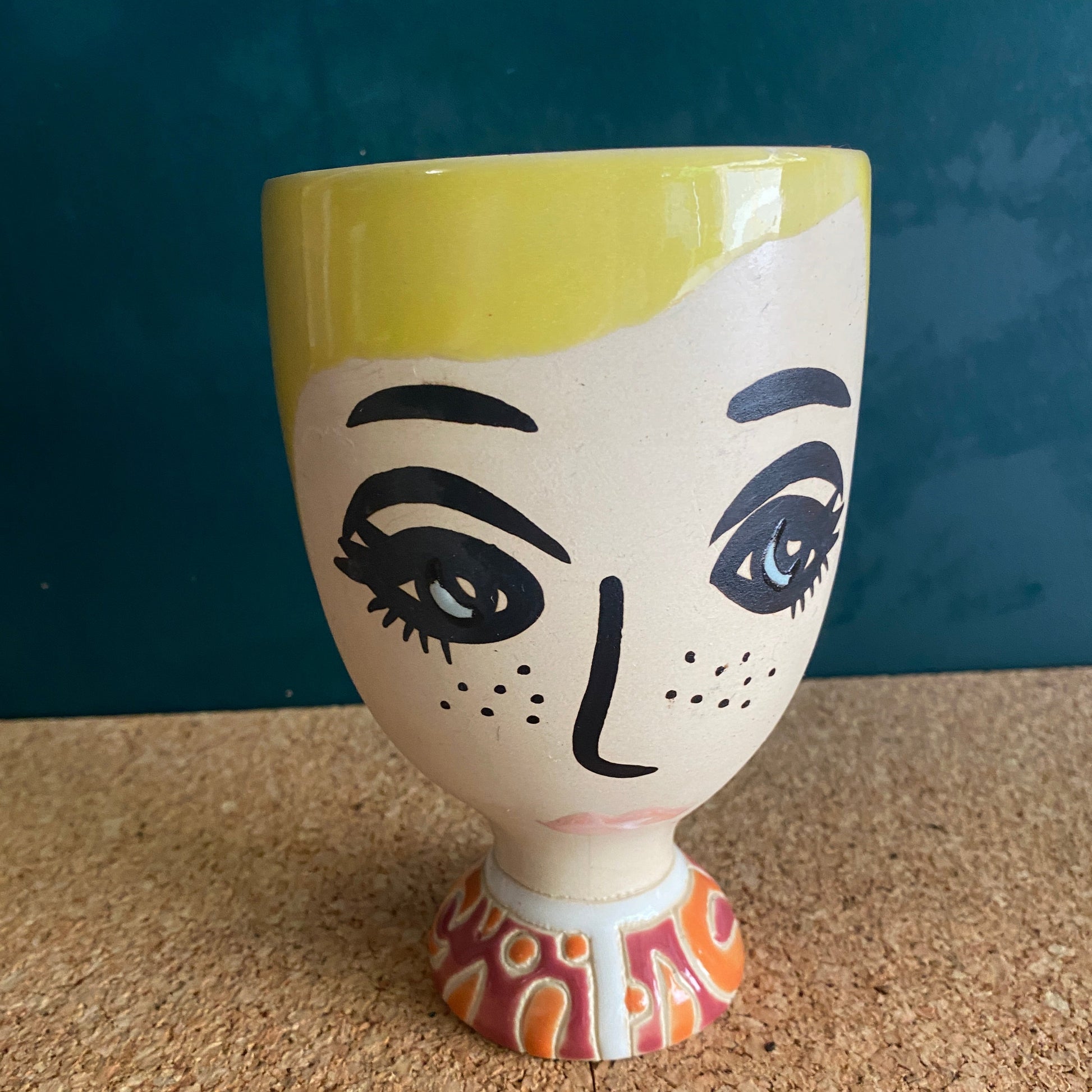 Jones and co faces compote vase with yellow haired-lady depicted