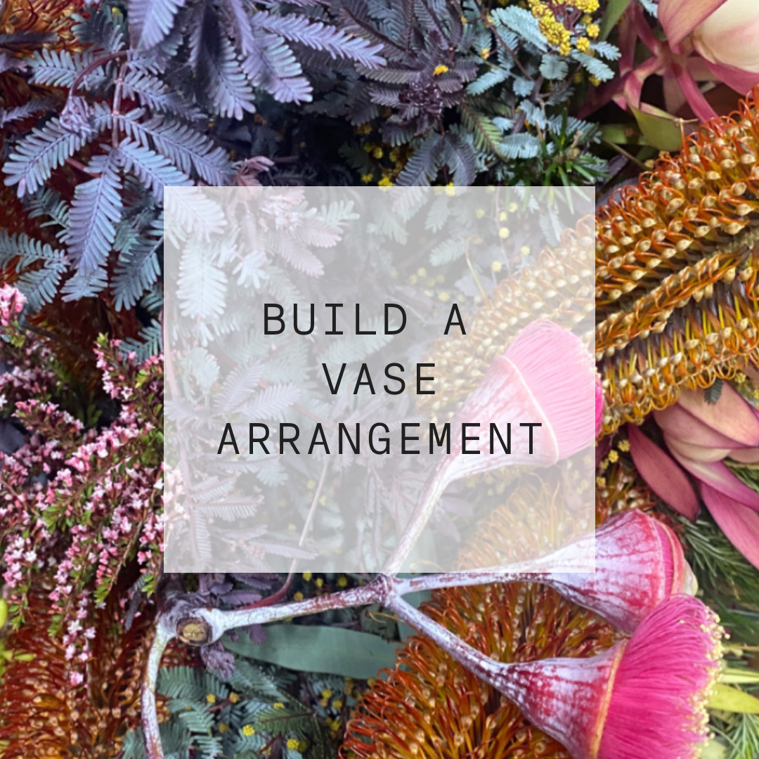Text 'Build a Vase Arrangement' surrounded by various flowers and plants.