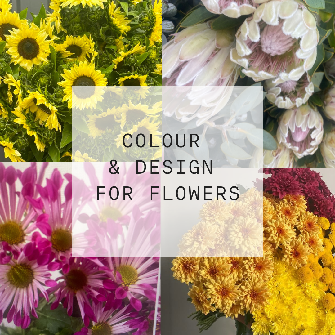 Collage of various flower arrangements with text 'Colour & Design for Flowers'.