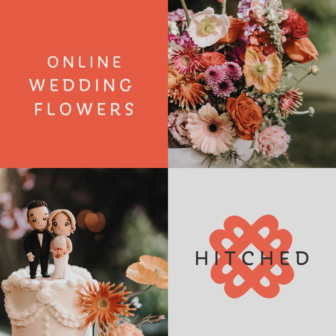 A four-panel collage promoting online wedding flowers. The top-left panel is coral orange with white text reading 'ONLINE WEDDING FLOWERS.