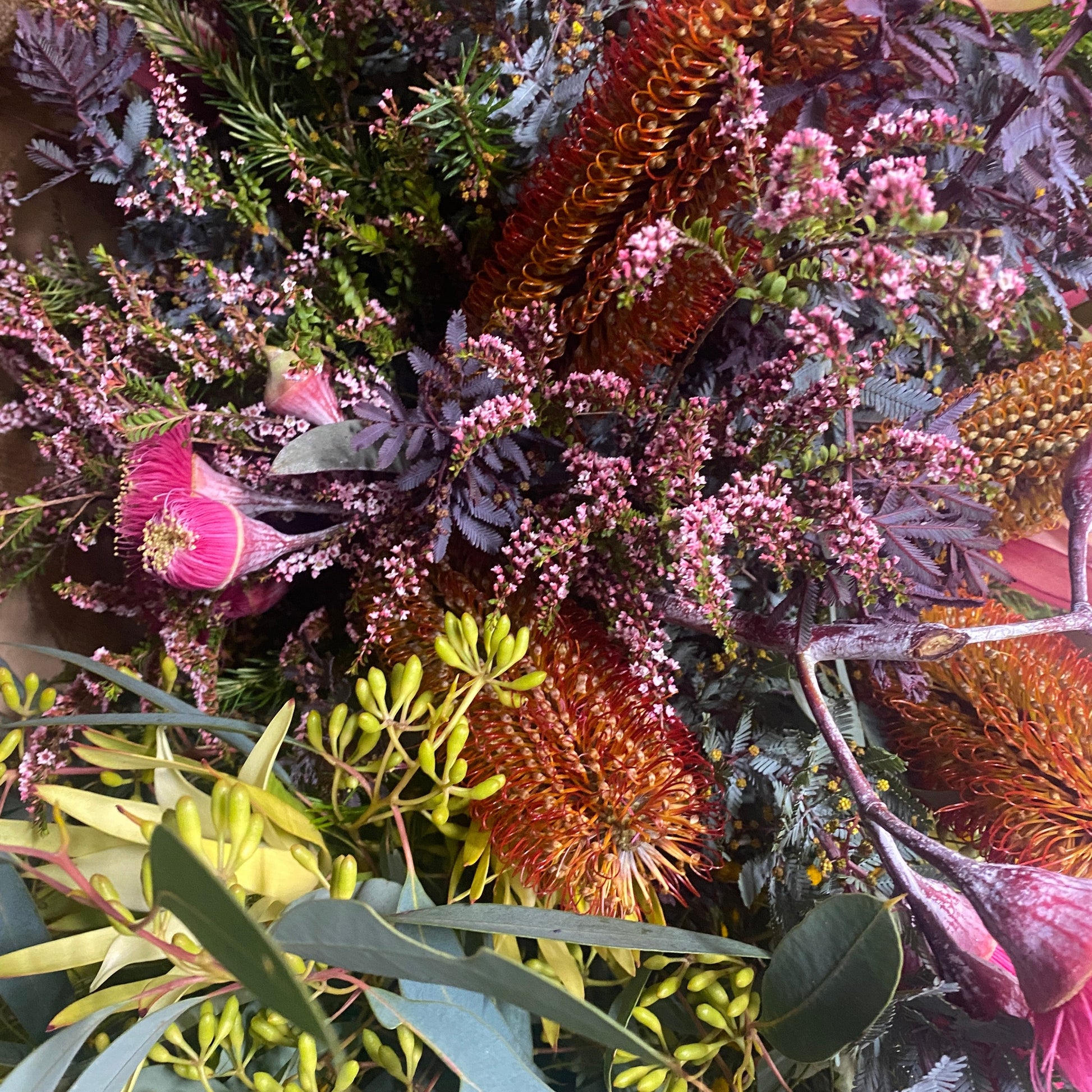 A rainbow hued selection af Australian native flowers by Bold Botanicals.